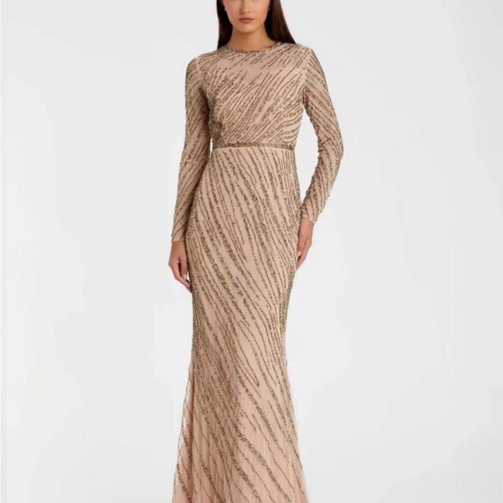 Mac Duggal Beige Beaded Maxi Dress